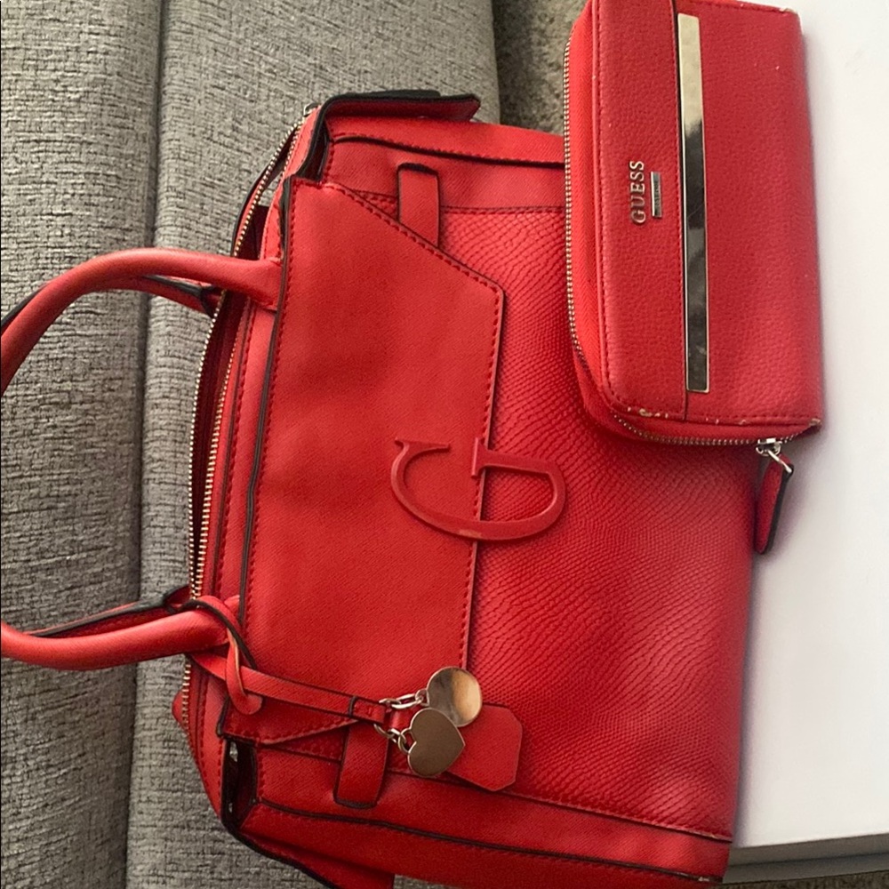 Guess Red Satchel with Classic Design and Gold Hardware